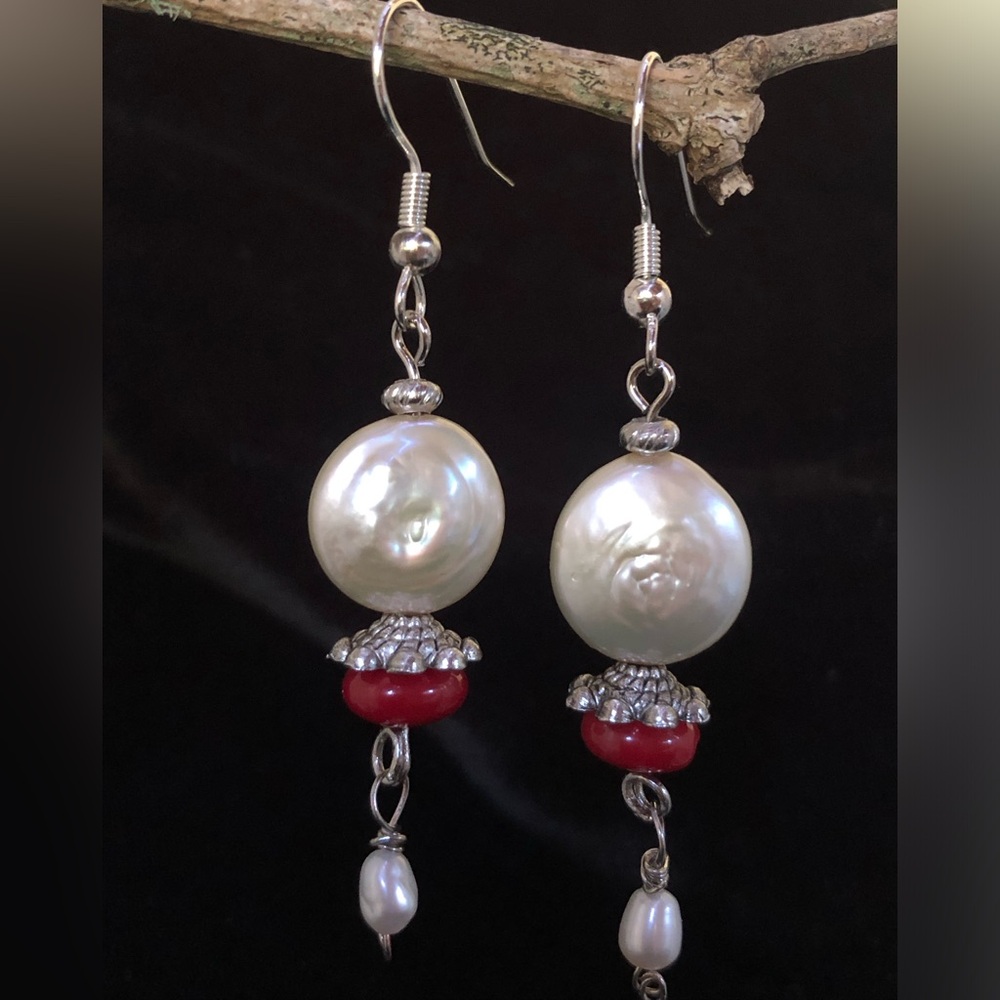 Handcrafted Genuine Silver Coin Pearl & Red Coral Bead Drop w/ Dangles Earrings - Picture 3 of 15